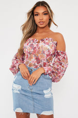 White Floral Bardot Off The Shoulder Mesh Bodysuit - Hayle-Bodysuits