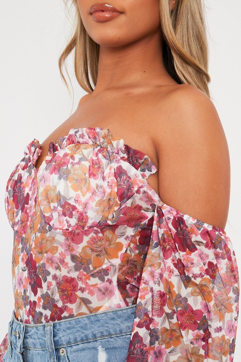 White Floral Bardot Off The Shoulder Mesh Bodysuit - Hayle-Bodysuits