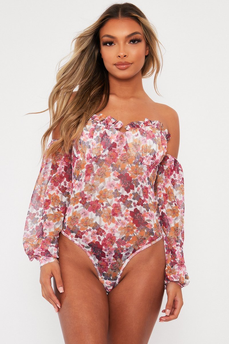 White Floral Bardot Off The Shoulder Mesh Bodysuit - Hayle-Bodysuits