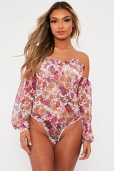 White Floral Bardot Off The Shoulder Mesh Bodysuit - Hayle-Bodysuits