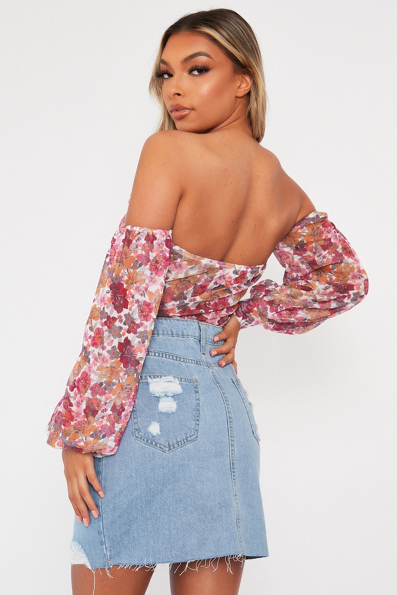 White Floral Bardot Off The Shoulder Mesh Bodysuit - Hayle-Bodysuits
