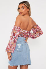 White Floral Bardot Off The Shoulder Mesh Bodysuit - Hayle-Bodysuits