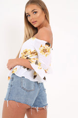 White Floral Bardot Peplum Top - Kairy-Tops