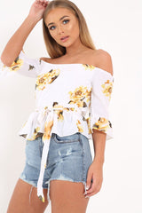 White Floral Bardot Peplum Top - Kairy-Tops