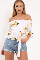 White Floral Bardot Peplum Top - Kairy-Tops