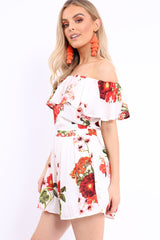 White Floral Bardot Playsuit with Frill Detail - Raine-Playsuits