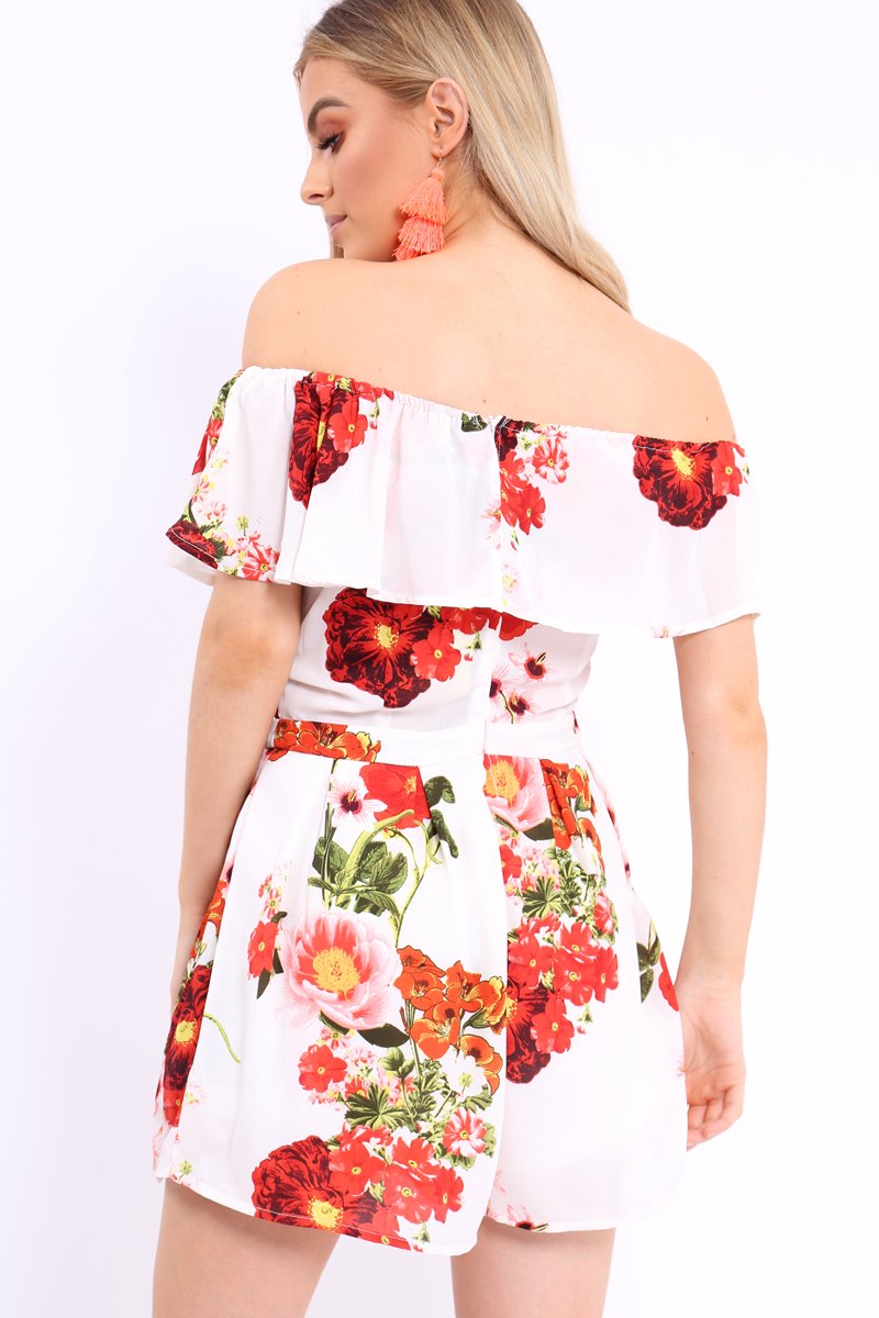 White Floral Bardot Playsuit with Frill Detail - Raine-Playsuits