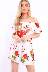 White Floral Bardot Playsuit with Frill Detail - Raine-Playsuits