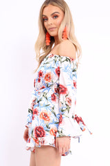 White Floral Bardot Playsuit with Frill Hem and Cuffs - Farhanna-Playsuits