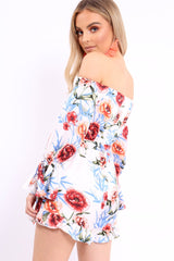 White Floral Bardot Playsuit with Frill Hem and Cuffs - Farhanna-Playsuits