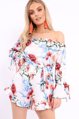 White Floral Bardot Playsuit with Frill Hem and Cuffs - Farhanna-Playsuits
