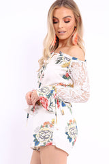 White Floral Bardot Playsuit with Lace Sleeves - Caroline-Playsuits