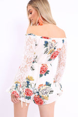 White Floral Bardot Playsuit with Lace Sleeves - Caroline-Playsuits
