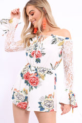 White Floral Bardot Playsuit with Lace Sleeves - Caroline-Playsuits