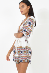 White Floral Border Print Playsuit - Shauna-Playsuits
