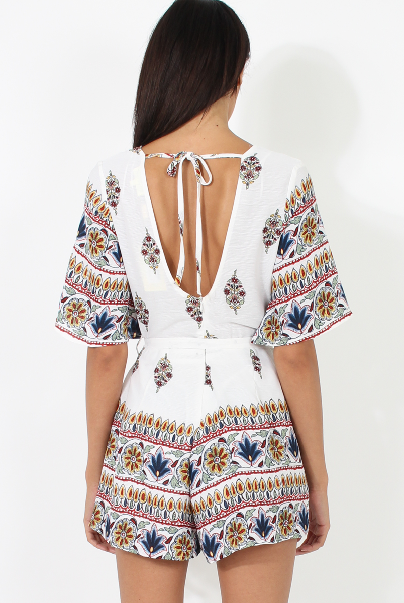 White Floral Border Print Playsuit - Shauna-Playsuits