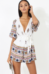 White Floral Border Print Playsuit - Shauna-Playsuits