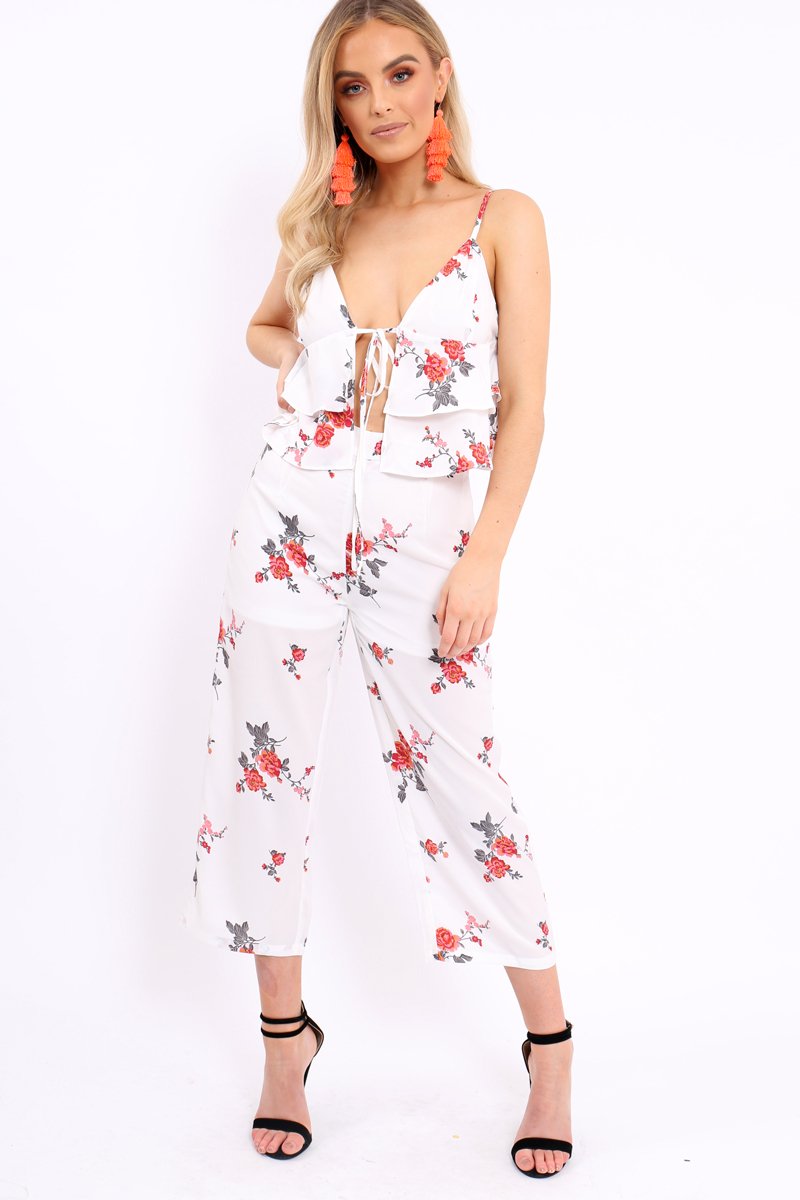 White Floral Bralet and Cropped Pants Co-ord - Faria-Co-ords