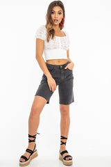 White Floral Broderie Lace Button Front Crop Top - Lydia-Crop Tops