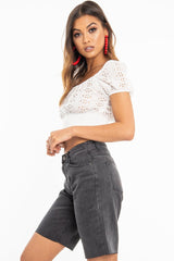 White Floral Broderie Lace Button Front Crop Top - Lydia-Crop Tops