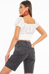 White Floral Broderie Lace Button Front Crop Top - Lydia-Crop Tops