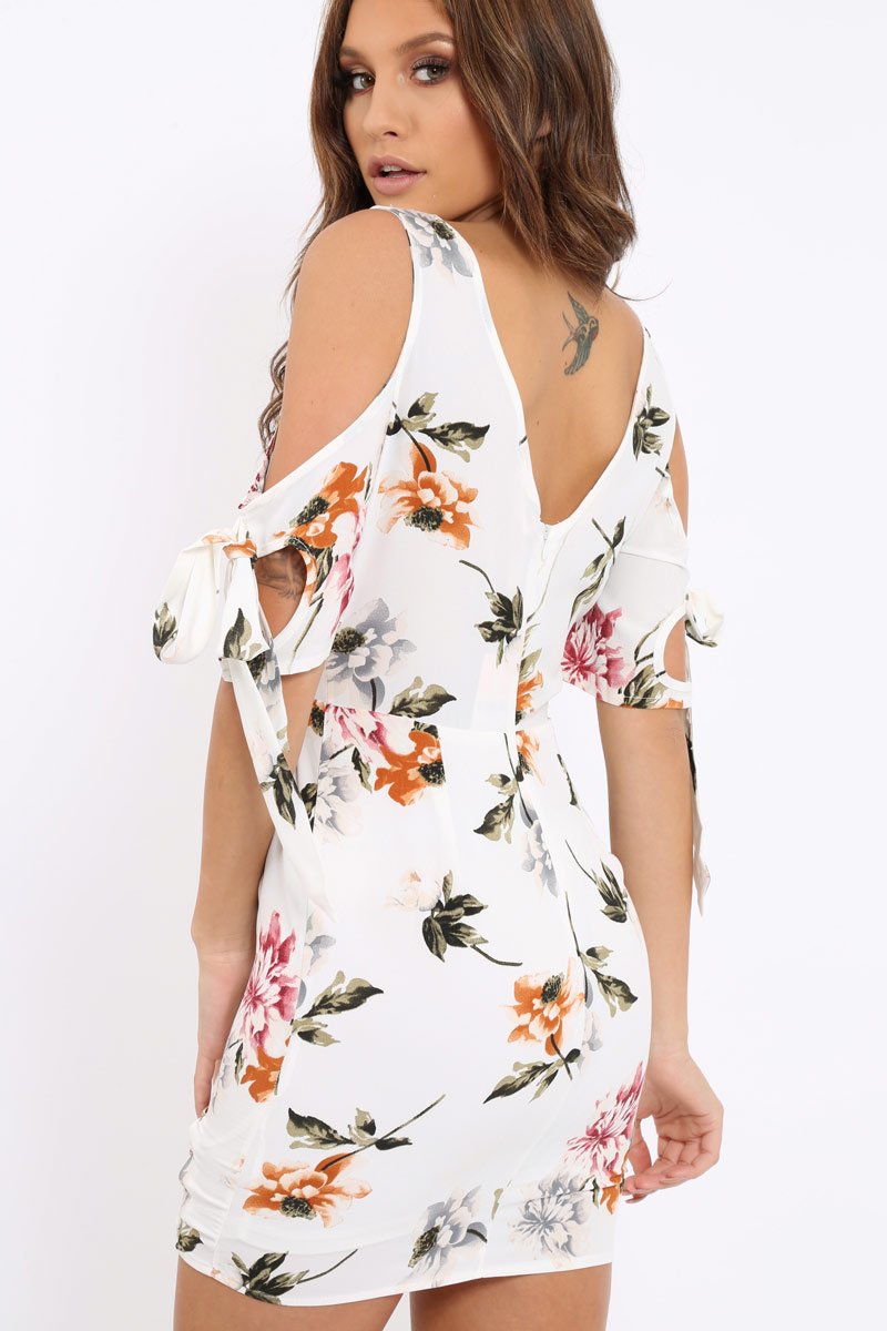 White Floral Cold Shoulder Lace Up Mini Dress - Roxina-Dresses