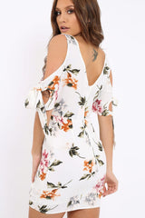 White Floral Cold Shoulder Lace Up Mini Dress - Roxina-Dresses