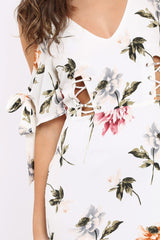 White Floral Cold Shoulder Lace Up Mini Dress - Roxina-Dresses
