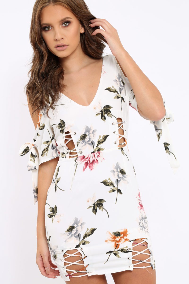 White Floral Cold Shoulder Lace Up Mini Dress - Roxina-Dresses