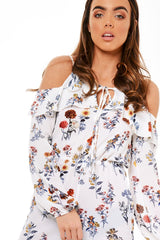 White Floral Cold Shoulder Playsuit - Ronnie-Playsuits