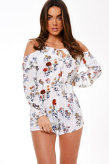 White Floral Cold Shoulder Playsuit - Ronnie-Playsuits