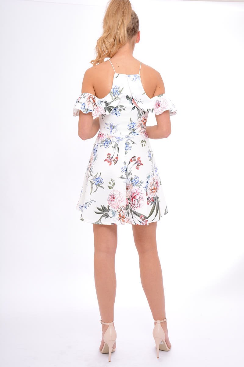 White Floral Cold Shoulder Skater Dress - Zoey-Dresses
