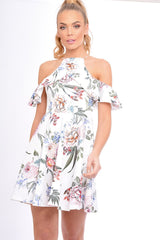 White Floral Cold Shoulder Skater Dress - Zoey-Dresses
