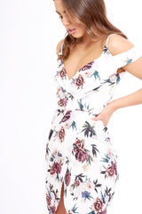 White Floral Cold Shoulder Wrap Midi Dress - Karoline-Dresses