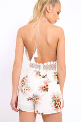 White Floral Crochet Plunge Playsuit - Unice-Playsuits