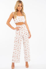 White Floral Crop Top Wide Trouser Co-ord - Tully-Co-ords
