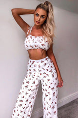 White Floral Crop Top Wide Trouser Co-ord - Tully-Co-ords