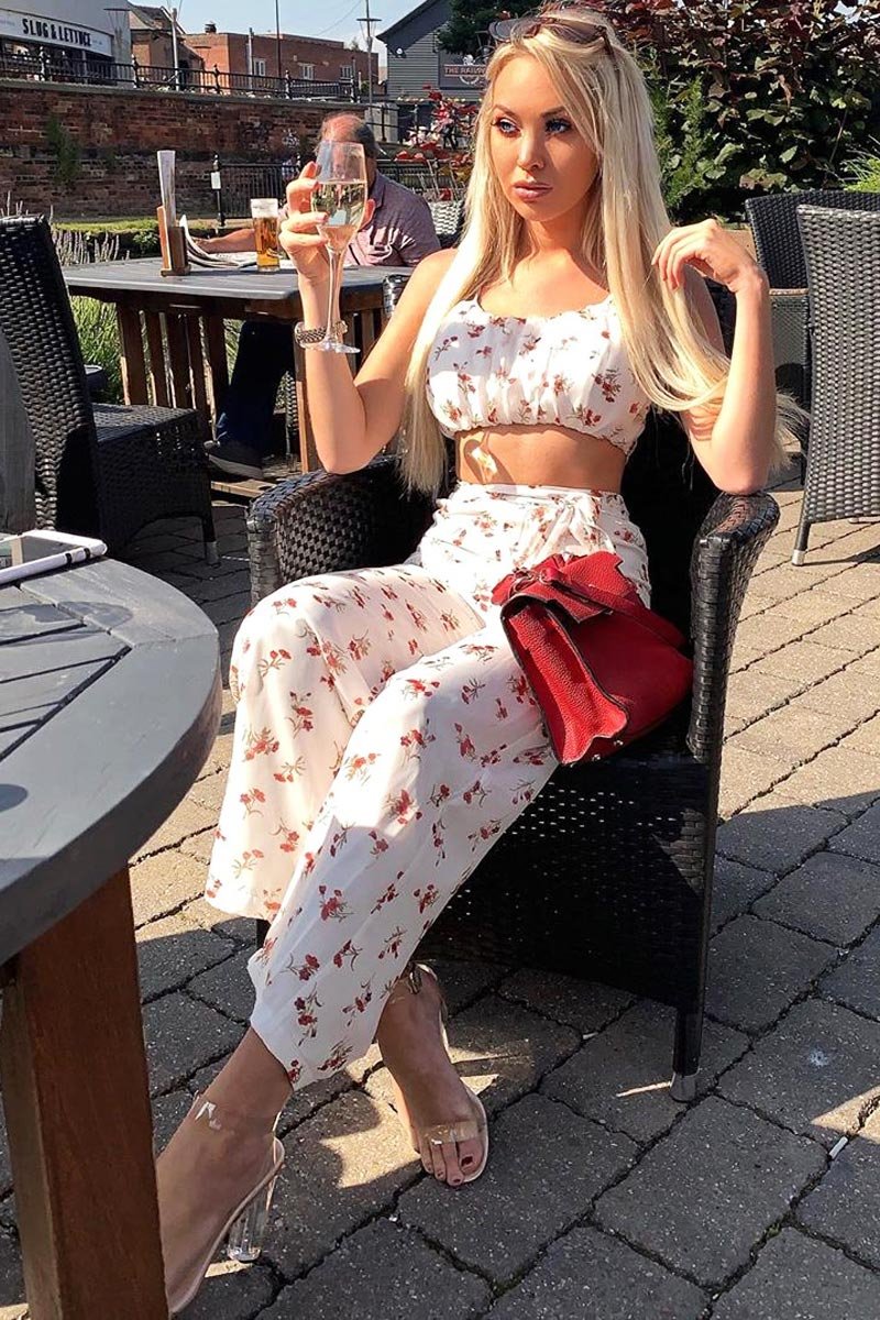 White Floral Crop Top Wide Trouser Co-ord - Tully-Co-ords