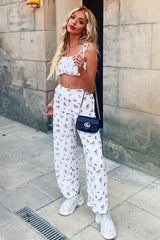 White Floral Crop Top Wide Trouser Co-ord - Tully-Co-ords