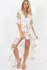 White Floral Dip Hem Playsuit - Caprice-Playsuits