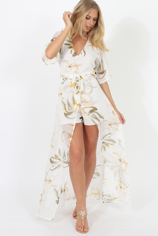 White Floral Dip Hem Playsuit - Caprice