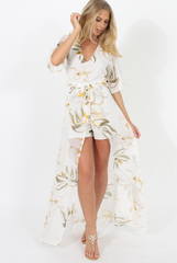 White Floral Dip Hem Playsuit - Caprice-Playsuits