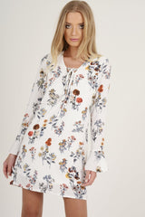 White Floral Flared Sleeve Dress - Aisha-Dresses