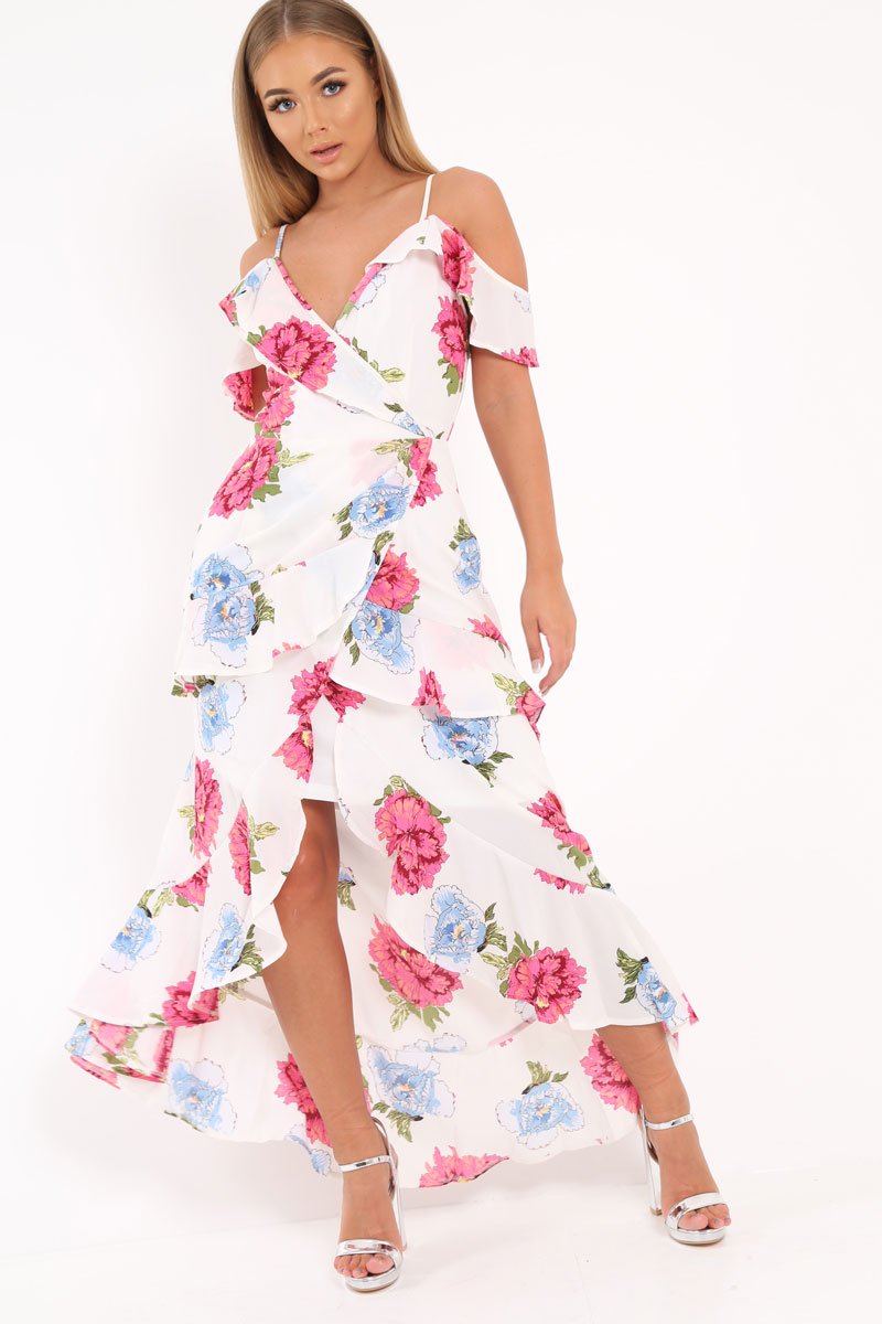 White Floral Frill Wrap Cold Shoulder Dress -Sabria-Dresses
