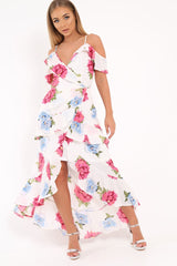 White Floral Frill Wrap Cold Shoulder Dress -Sabria-Dresses