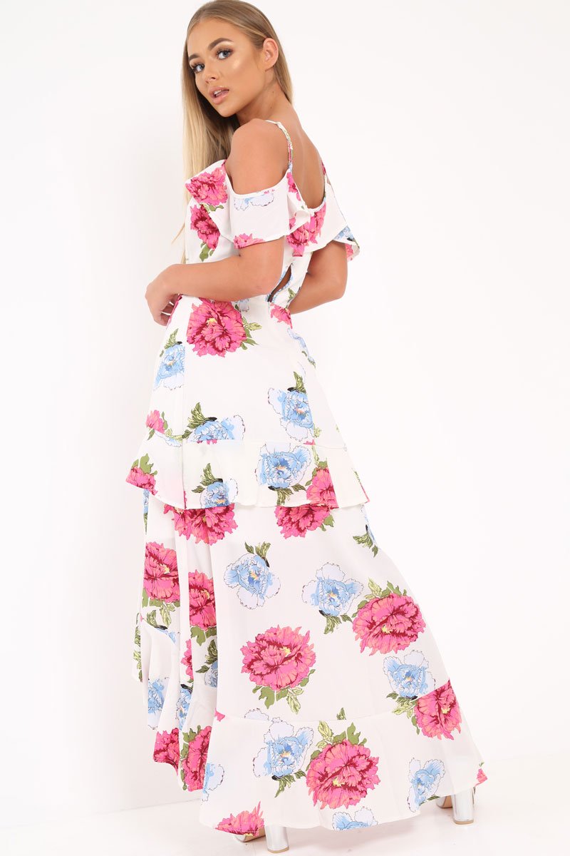 White Floral Frill Wrap Cold Shoulder Dress -Sabria-Dresses