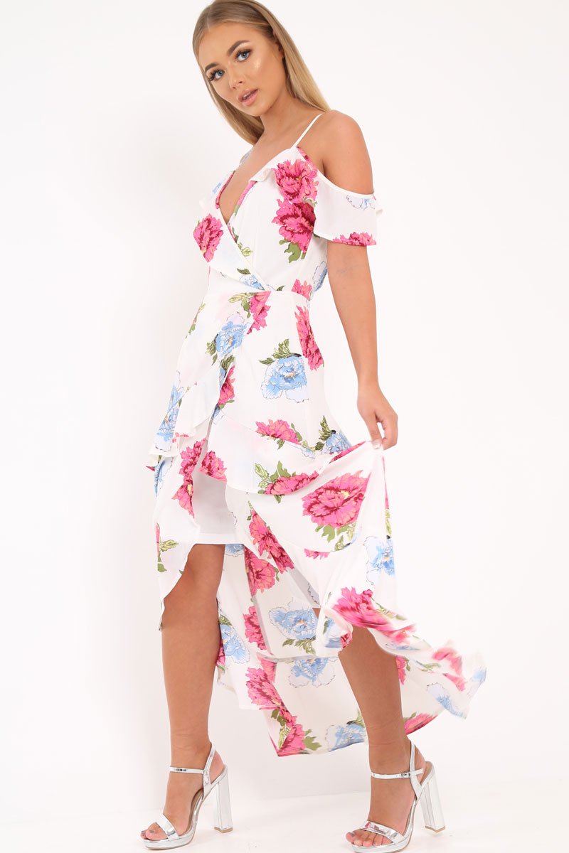White Floral Frill Wrap Cold Shoulder Dress -Sabria-Dresses