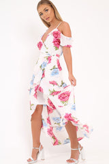 White Floral Frill Wrap Cold Shoulder Dress -Sabria-Dresses