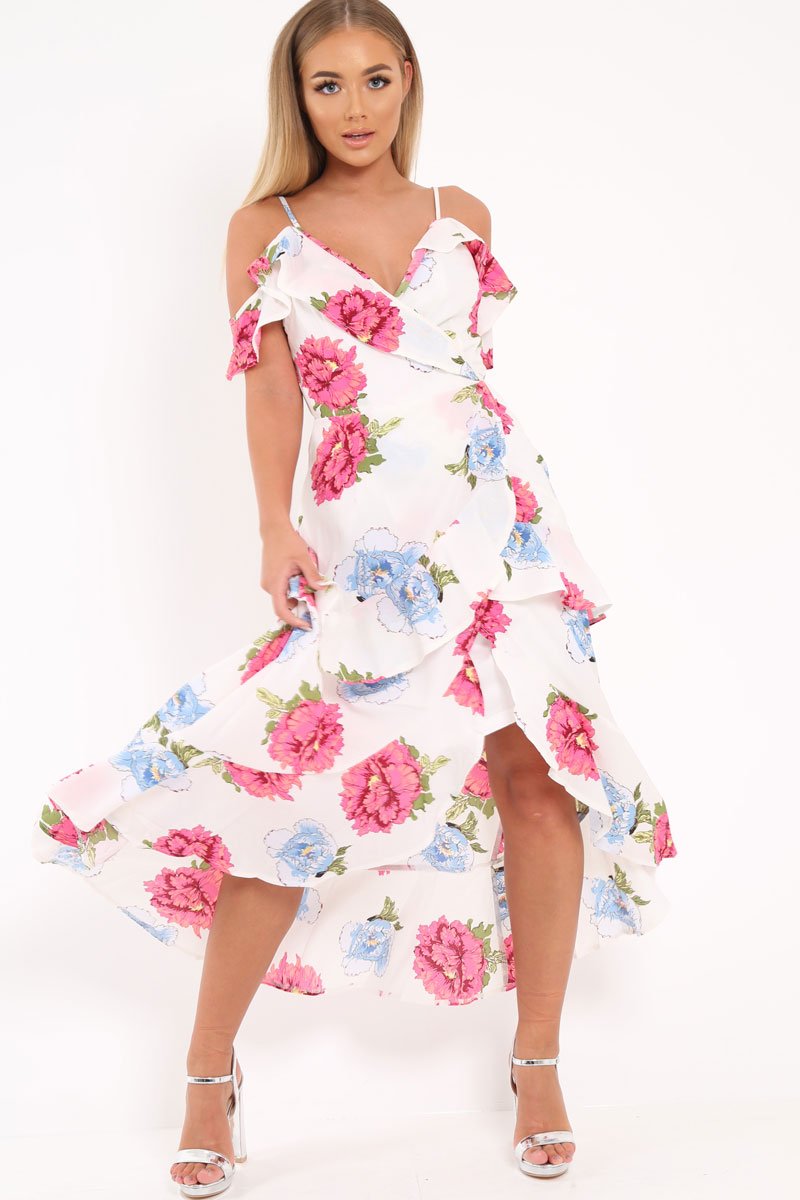 White Floral Frill Wrap Cold Shoulder Dress -Sabria-Dresses
