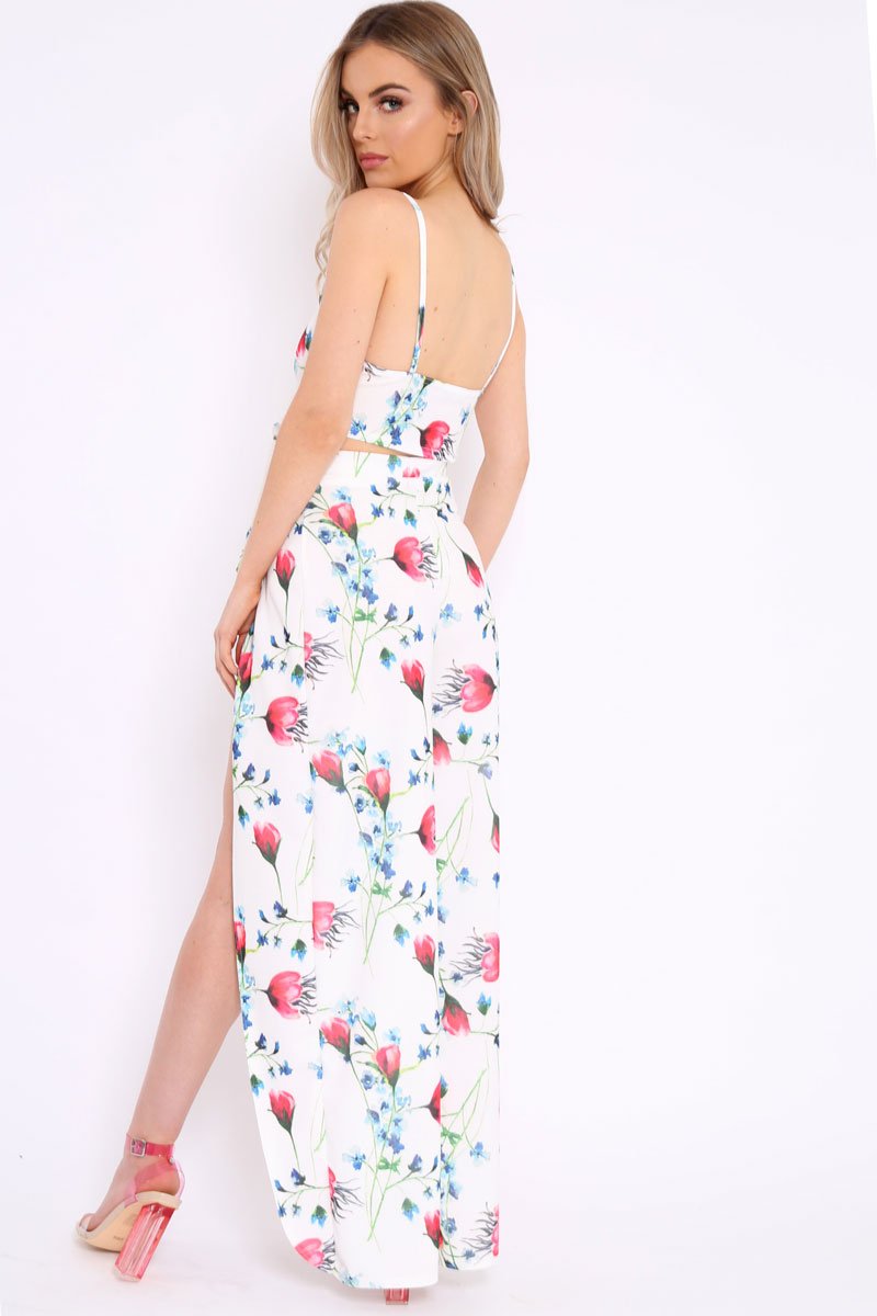 White Floral Front Split Trousers And Crop Co-Ord - Damaria-Co-ords